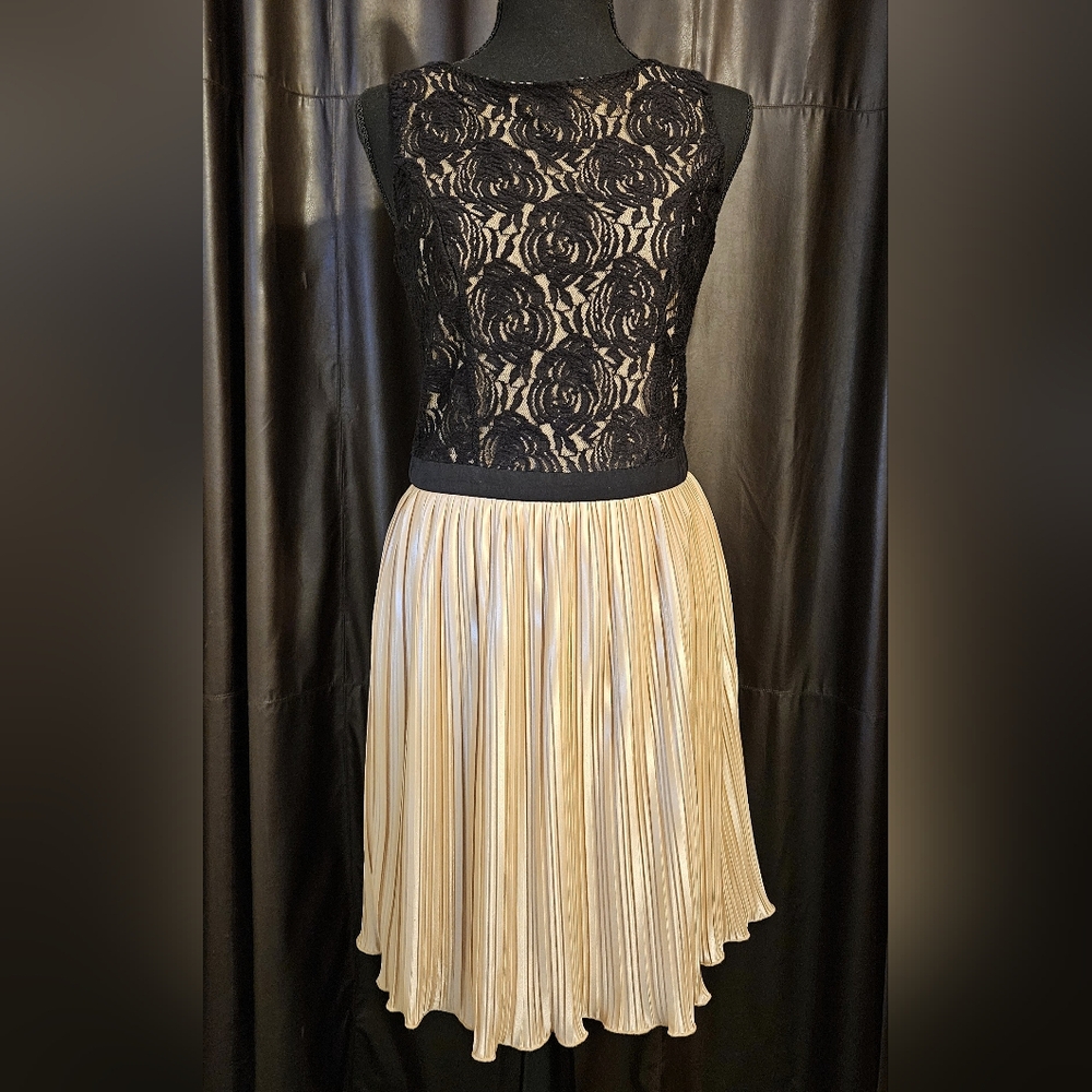 Rewind Party Dress Black Lace Overlay Champagne Shimmer Pleated-Medium